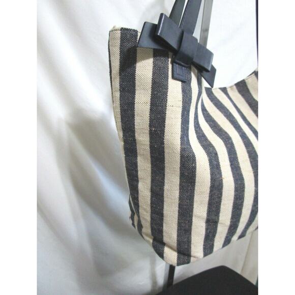 EUC! The Limited Large Navy & Ivory Striped Canvas Bow Shoulder Tote Handbag - Picture 4 of 11